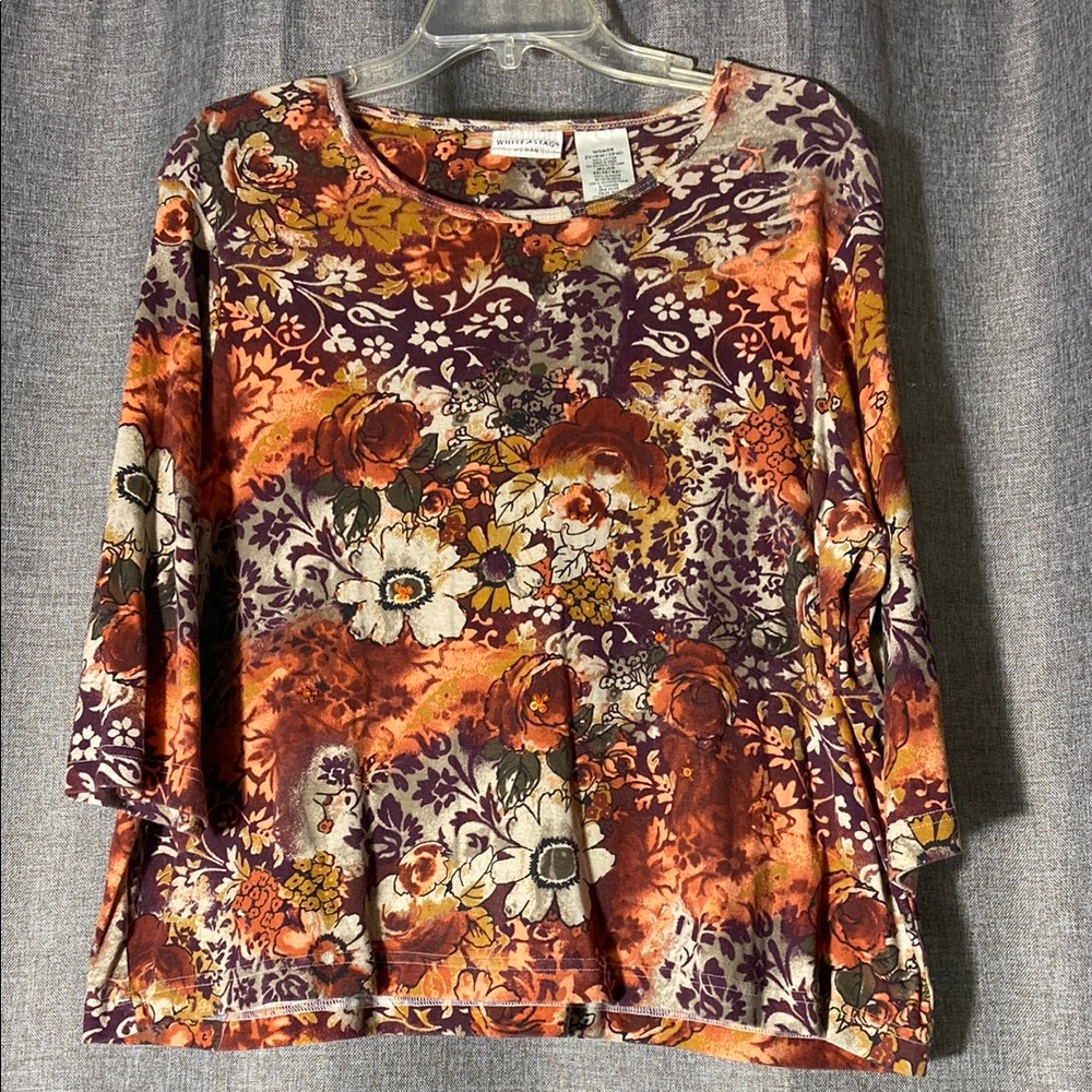 White Stag Brown and Orange Relaxed 3/4 Sleeve Blouse